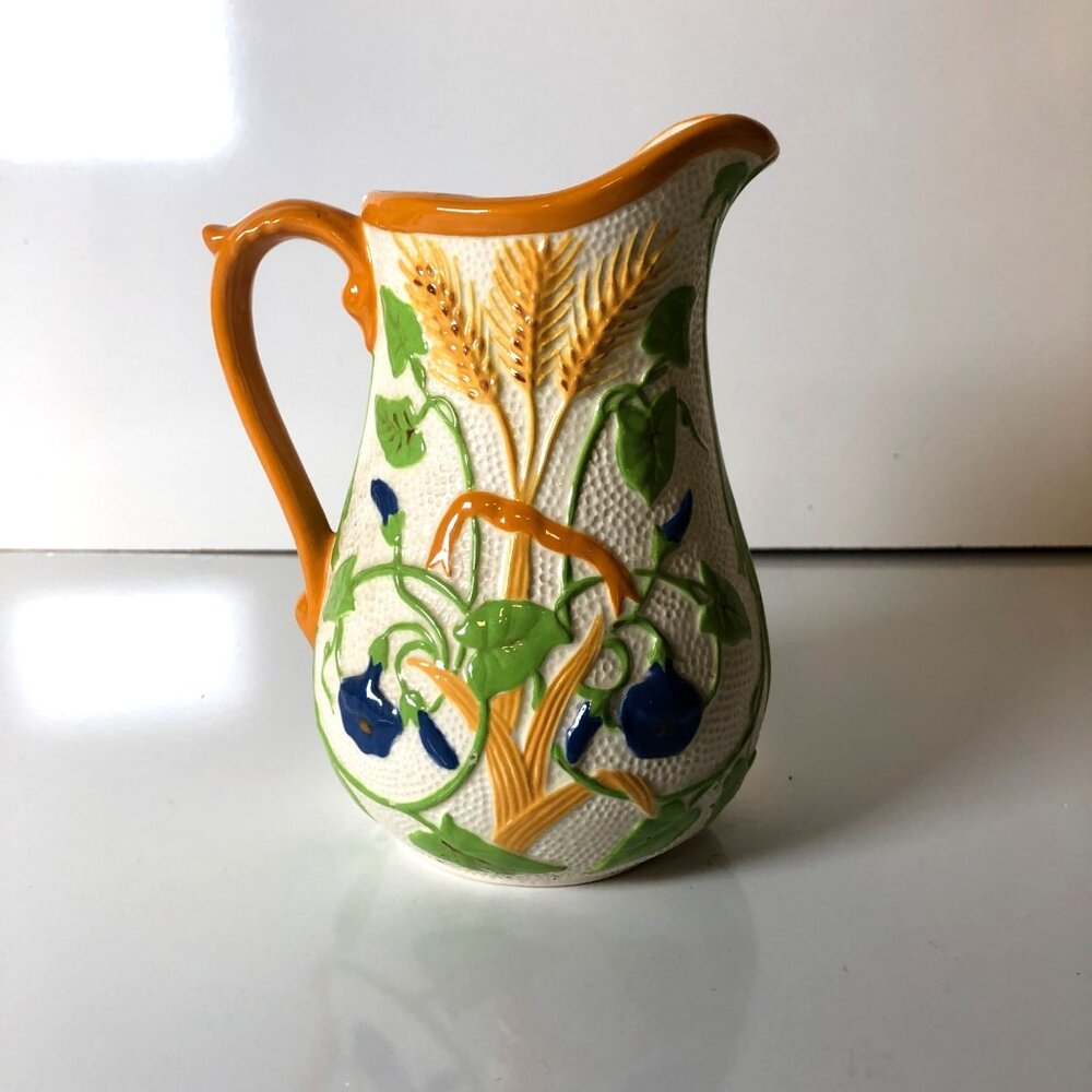 Hand Painted Ceramic Pitcher With Wheat Floral Design Vintage 6 in
